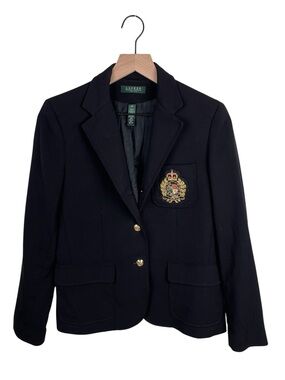 Vintage Lauren Ralph Lauren 10 Petite 100% Wool Black Embroidered Crest Blazer